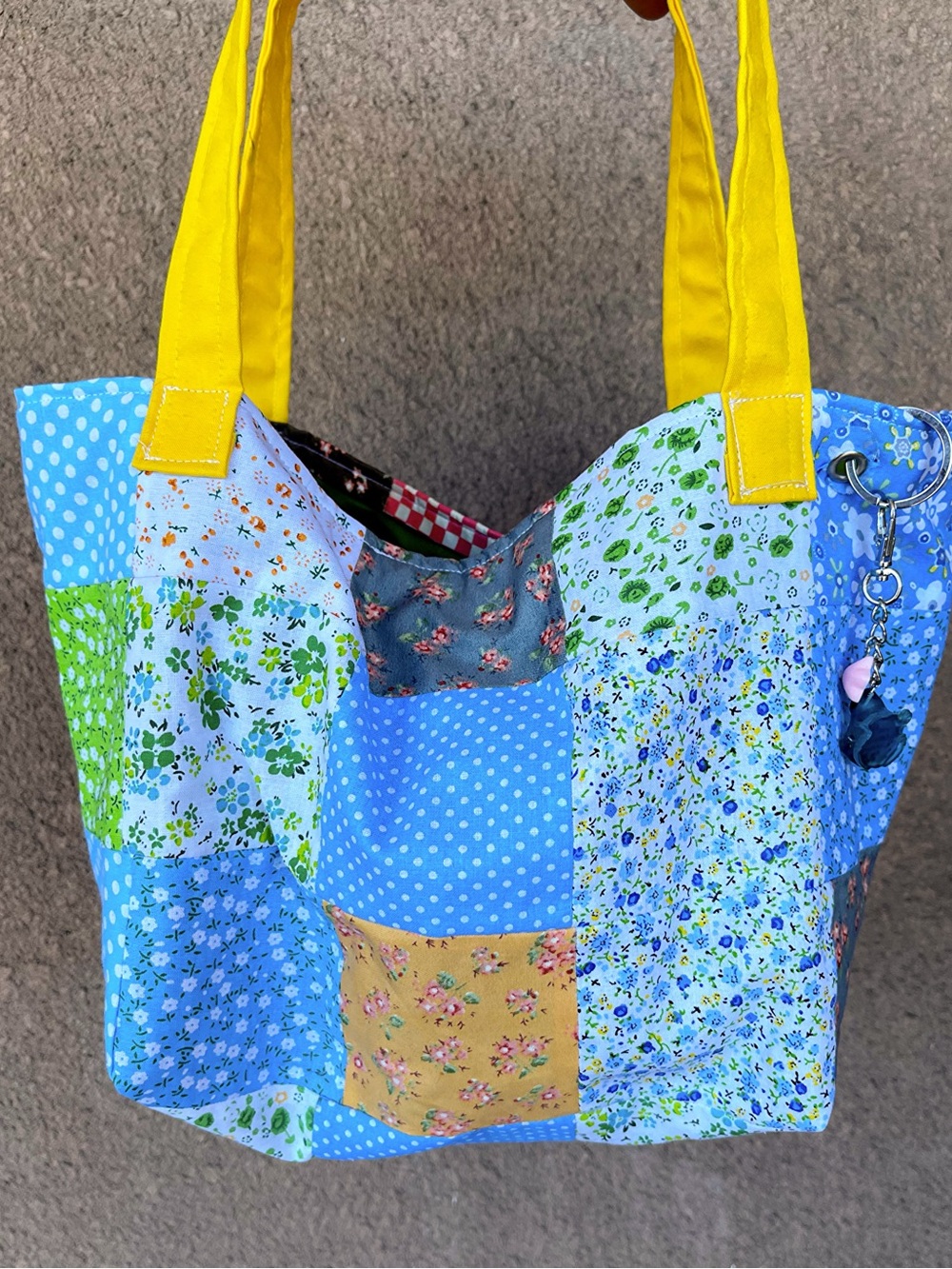 Hand Sewn Patchwork Floral Tote Bag with Yellow Handles by Deadgrl Superstar